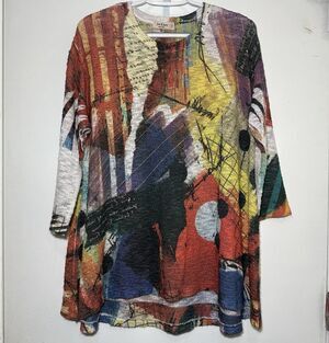 Jess & Jane Abstract Art Print Tunic Top Small 3/4 Sleeve USA Stretch